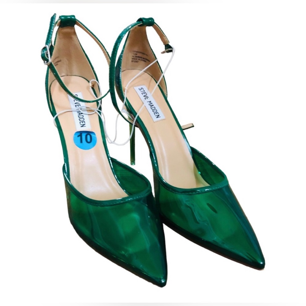 Steve Madden clear green vinyl Opar heels anklestrap stiletto heels size 10 new‎